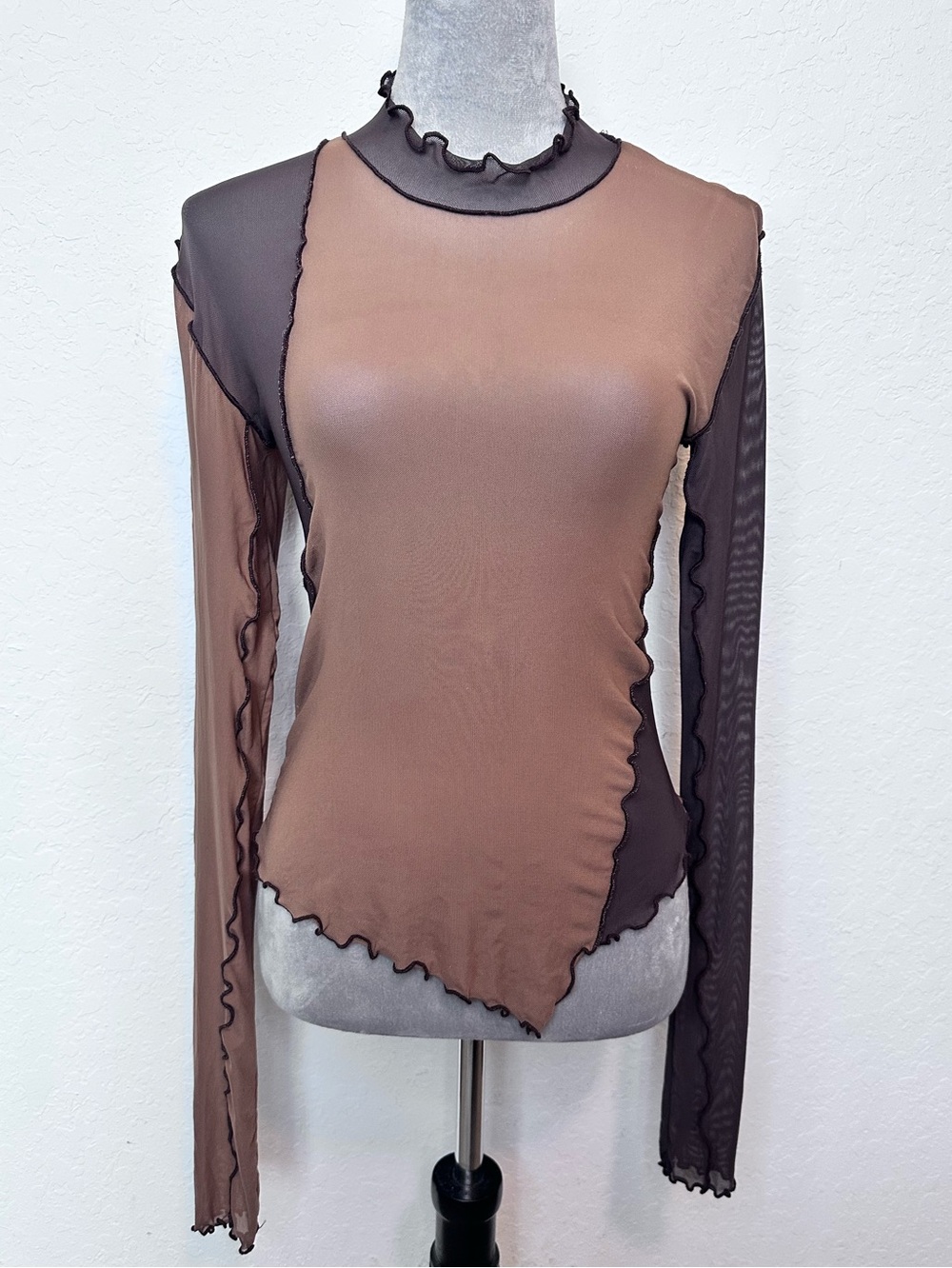 Urban Outfitters Mesh Mock Neck Long Sleeve Top Brown Sheer Contrast Size L